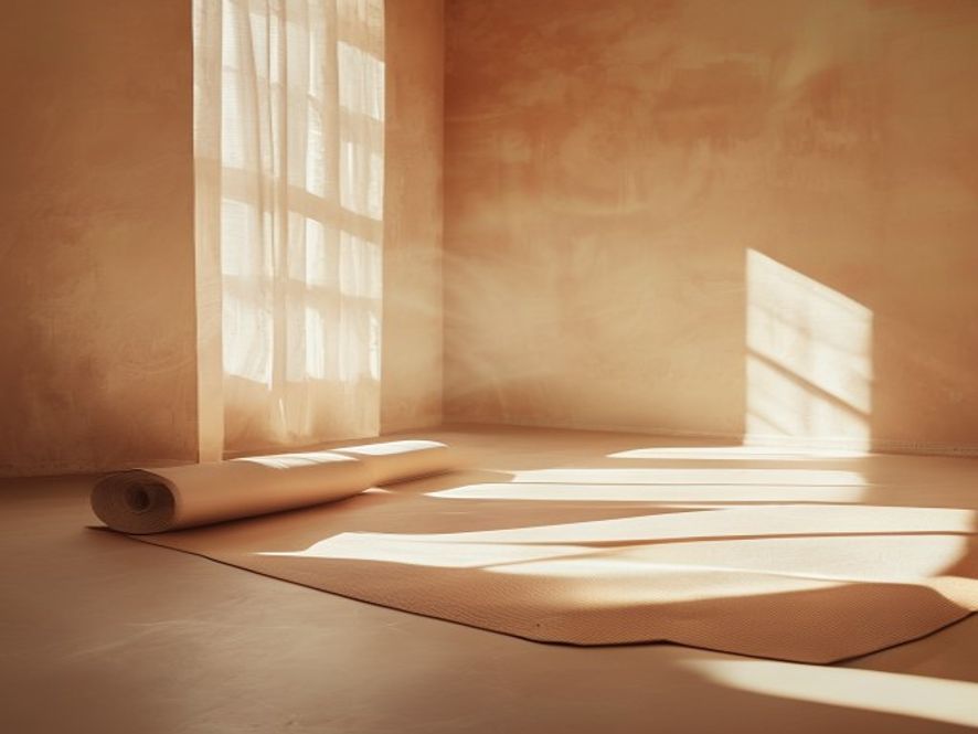 A peaceful morning scene with a person performing gentle warm-up movements in bright natural light